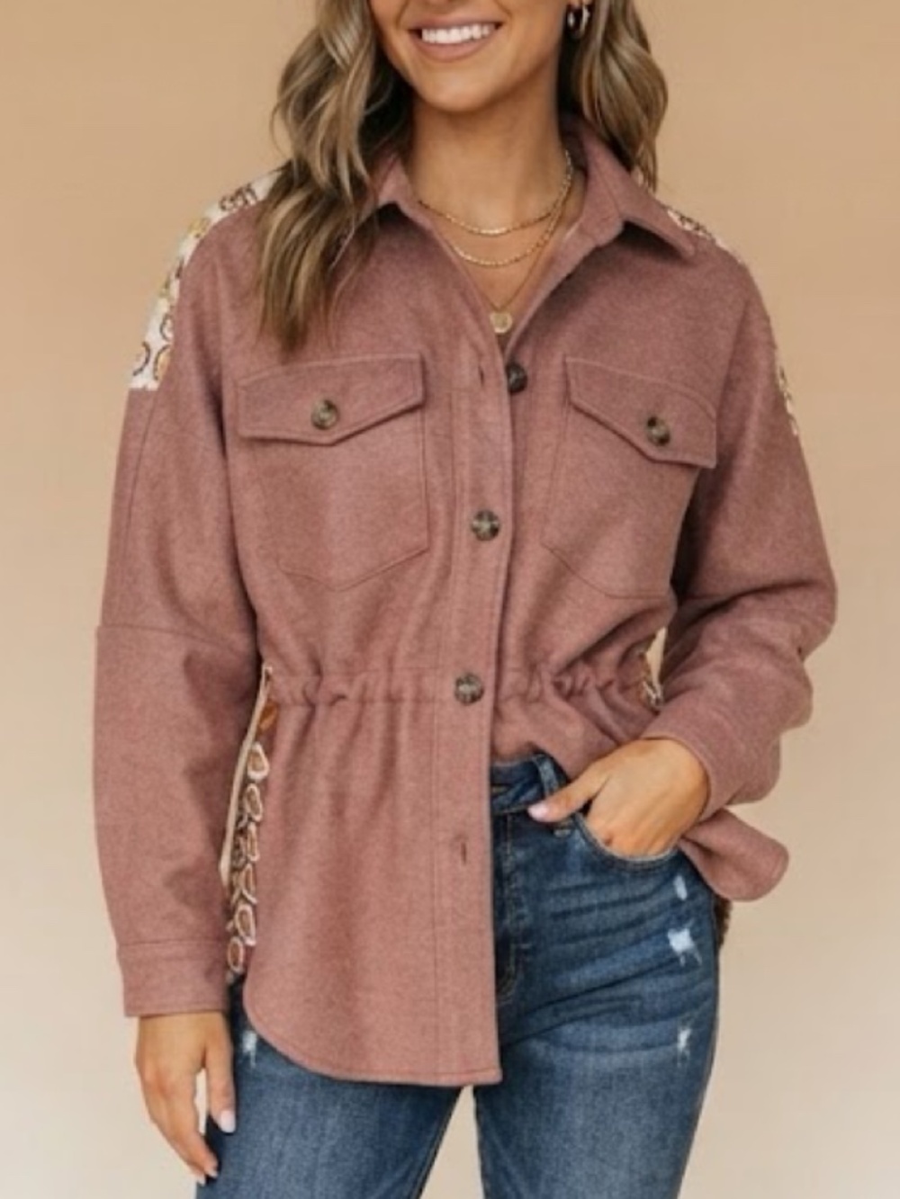 NEW Davi & Dani Jacket Button Front Drawstring Waist Front Chest Pockets Boho